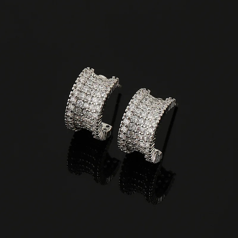 Elegant Zircon Pave Wide Hoop Huggie Stud & Clip On No Piercing Small Circle Ear Cuff Earrings