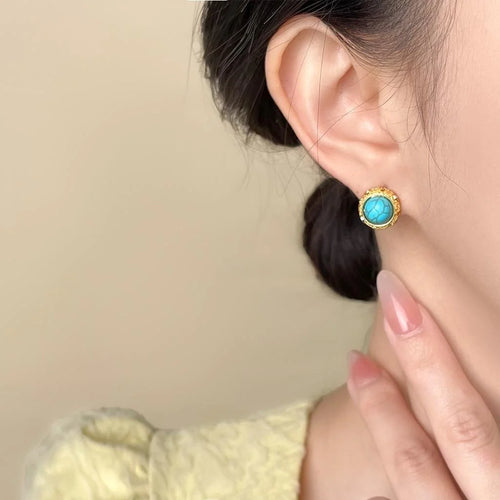 Vintage French Minimalist Synthetic Turquoise Round Geometric Copper Stud Earrings