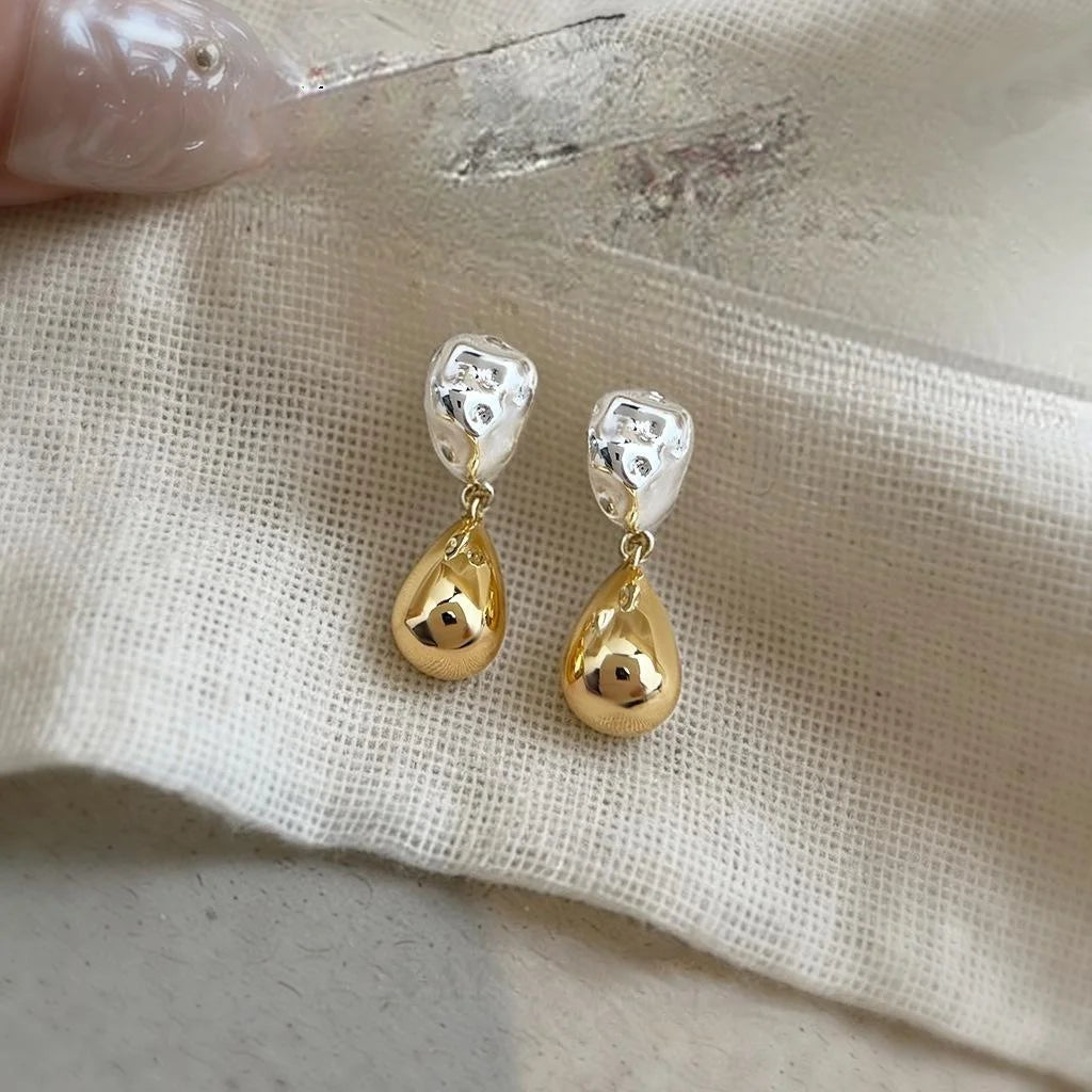 Old Money Two Tone Geometric Teardrop Drop Earrings Textured Copper