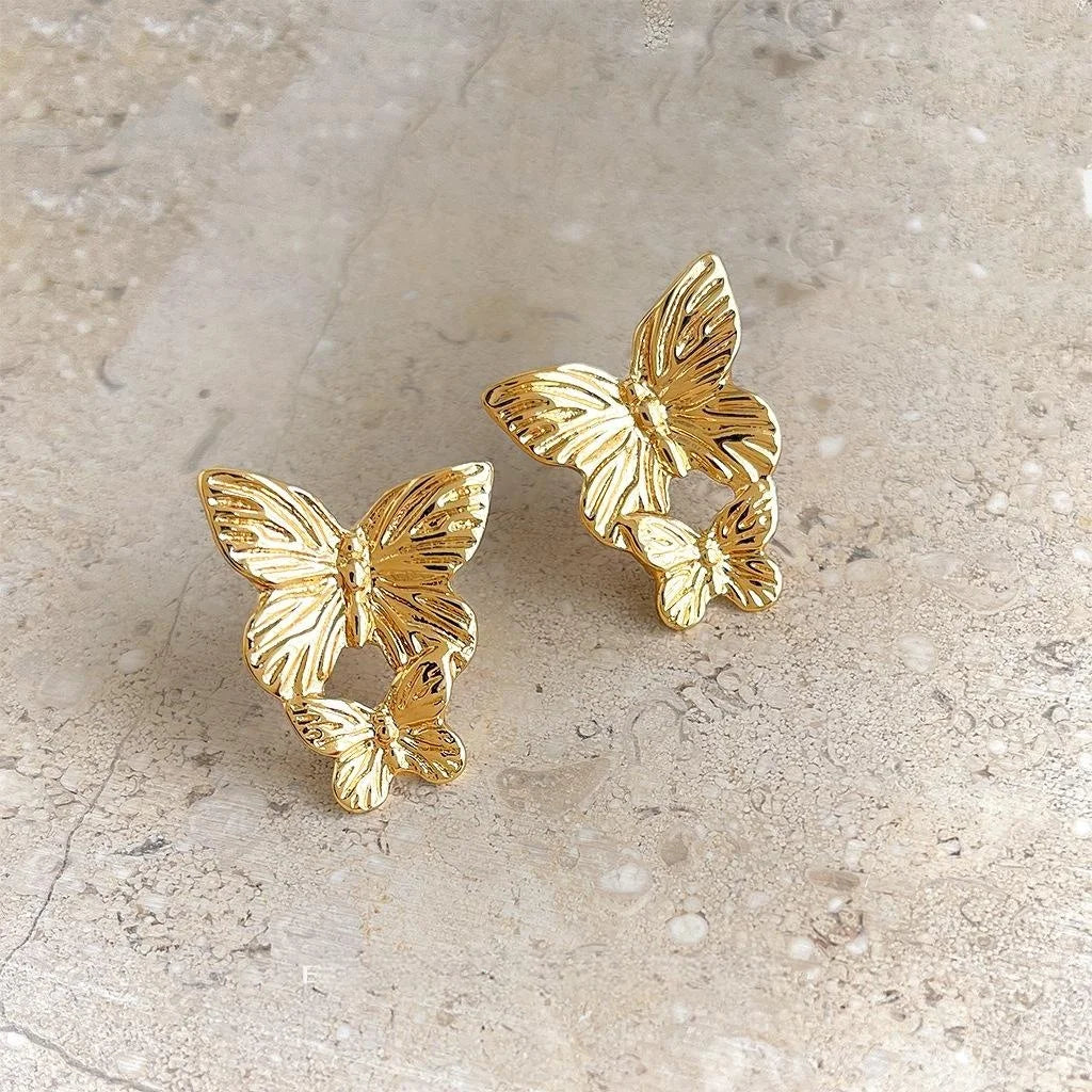 French Vintage 3D Butterfly Stud Earrings Copper Elegant Statement Jewelry
