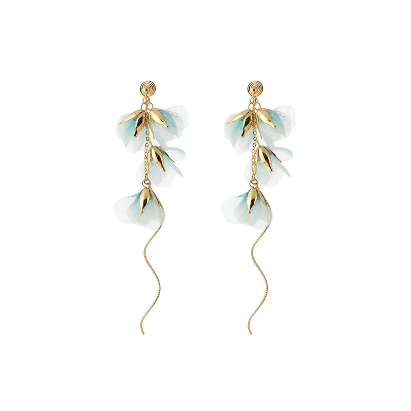 Elegant Light Blue Fabric Flower Alloy Chain Tassel Stud & Clip On No Piercing Vacation Drop Earrings