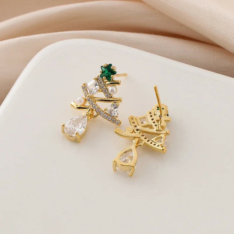 Luxury Gold Alloy Green Zircon Christmas Tree Pearl Waterdrop Stud & Clip On No Piercing Earrings