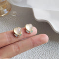 French Vintage Cream White Heart Resin Cat Eye Rhinestone Copper Stud Earrings