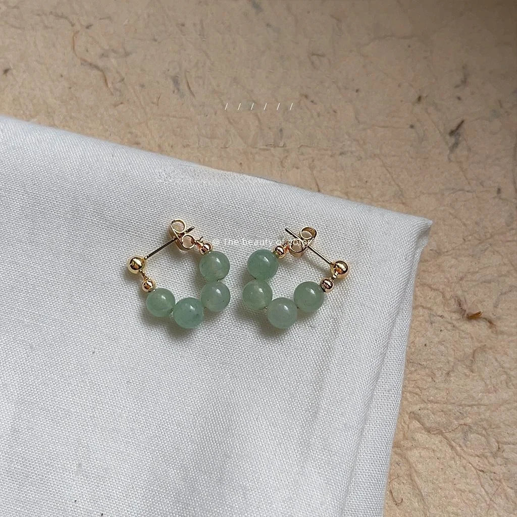 Fresh Forest Green Aventurine Round Geometric Copper Stud Earrings For Women