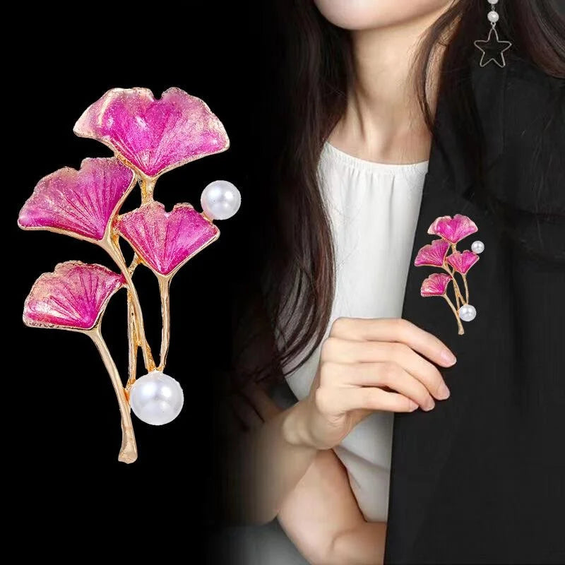 Elegant Pink Enamel Ginkgo Leaf Brooch With Pearl Accents, Gold Tone Alloy Lapel Pin Dress Suit Gift