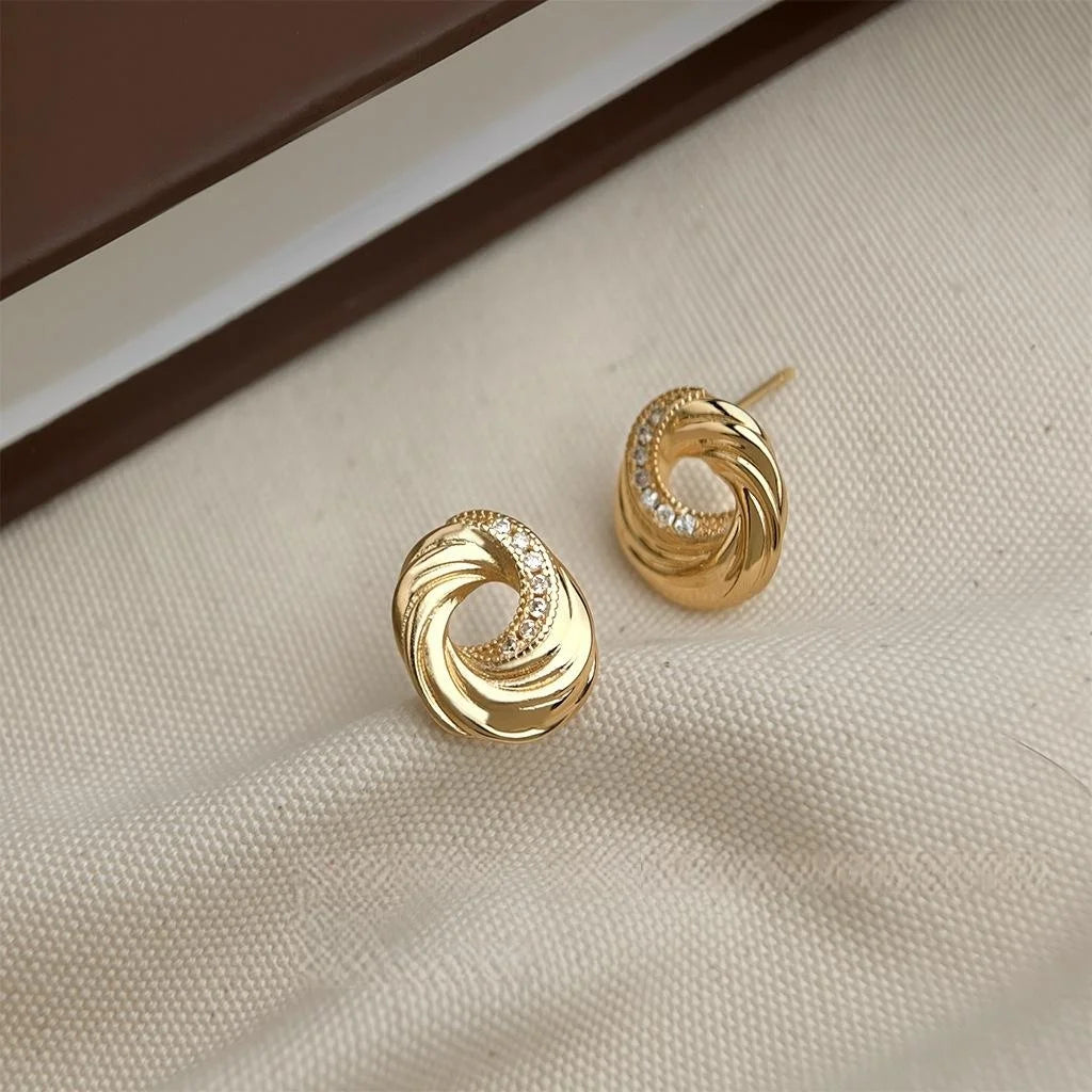 Vintage Irregular Cookie Biscuit Geometric Zircon 14K Gold Plated Stud Earrings