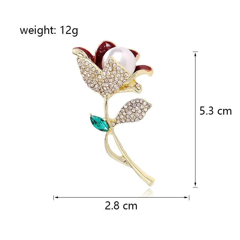 Elegant Tulip Flower Brooch With Pearl, Red Enamel And Rhinestone Petals, Luxury Lapel Pin Corsage Gift