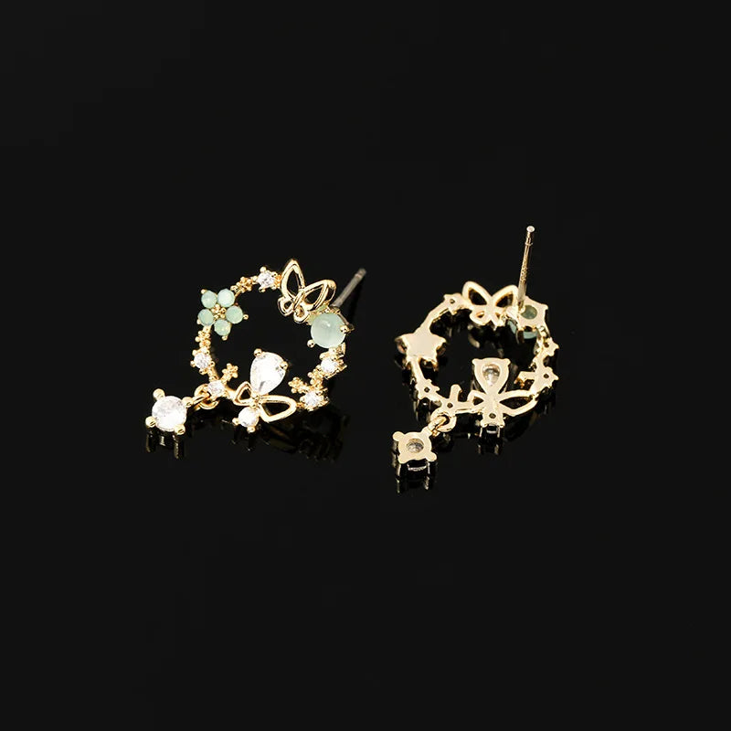Elegant Green Floral Wreath Butterfly Zircon Alloy Stud & Clip On No Piercing Dangle Earrings