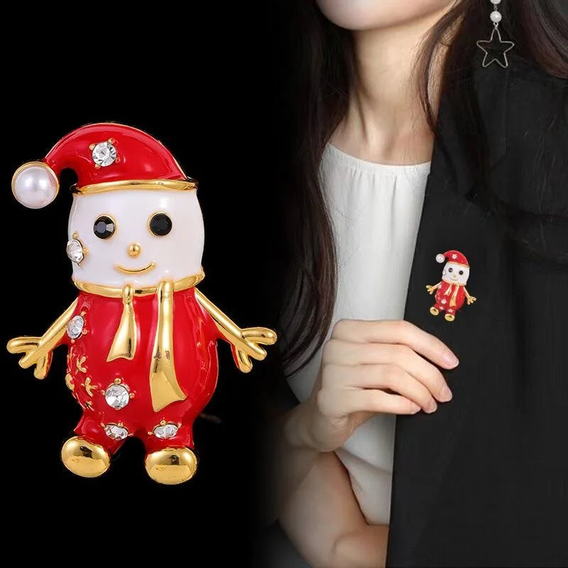 Cute Christmas Snowman Rhinestone Enamel Alloy Brooch With Pearl Hat, Festive Lapel Pin Corsage Gift