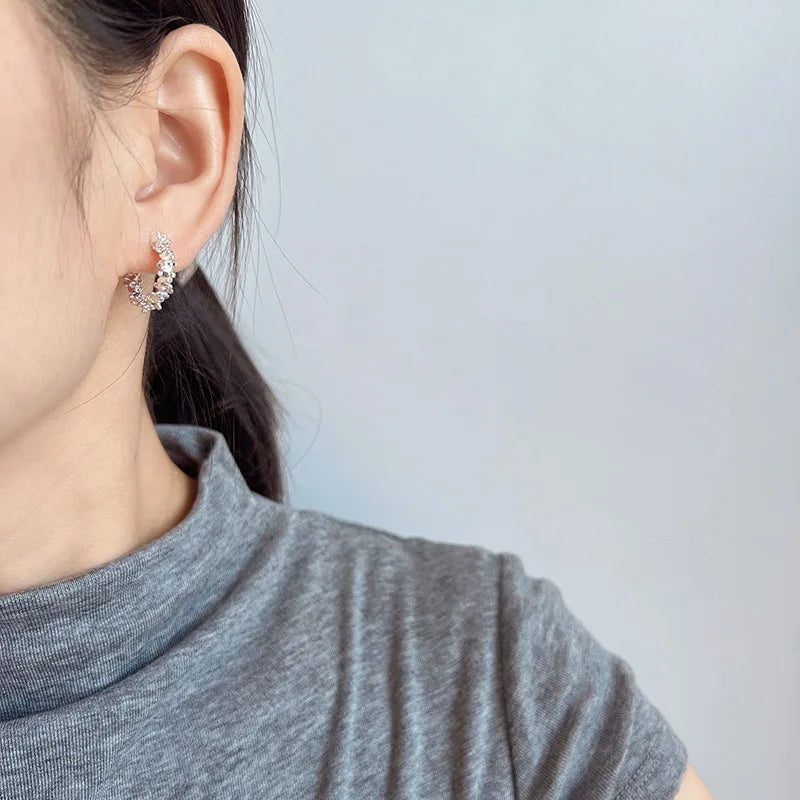 Elegant Silver Alloy Sparkle Textured Hoop Stud & Clip On No Piercing Daily Minimalist Earrings