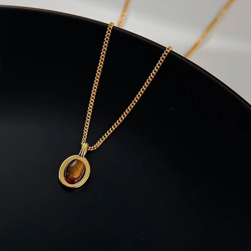 14K Gold Plated Copper Tiger Eye Stone Oval Geometric Clavicle Necklace For Women