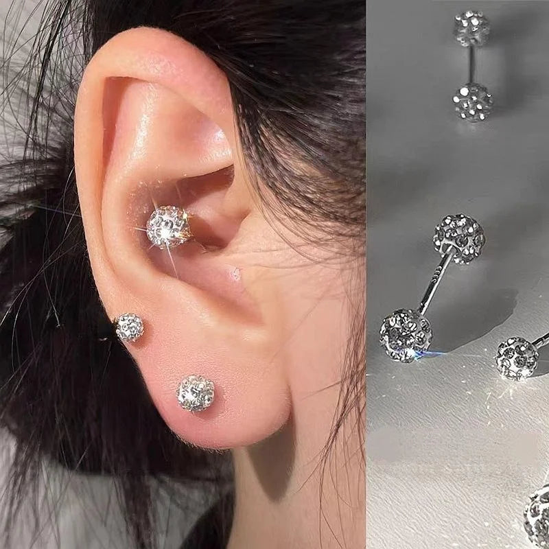 Copper Sparkling Rhinestone Ball Screw Back Cartilage Stud Earrings Minimalist Geometric Jewelry