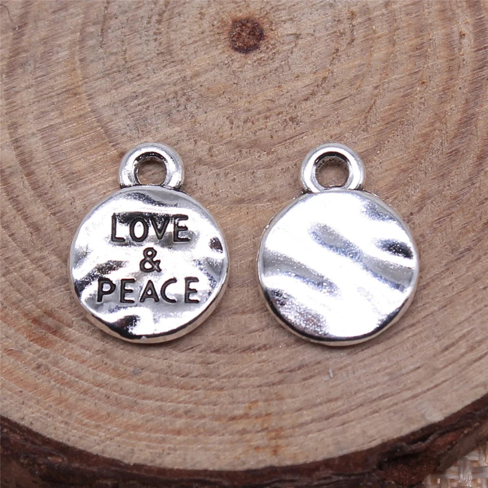 10x10mm 0.9g Antique Silver Zinc Alloy LOVE & PEACE Round Tag Letter Charm Pendant for DIY Bracelets