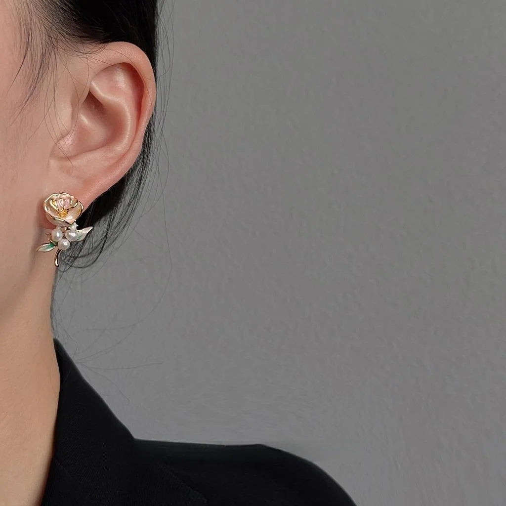 Handmade Forest Style Freshwater Pearl Rose Flower 14K Plated Copper Stud Earrings For Women