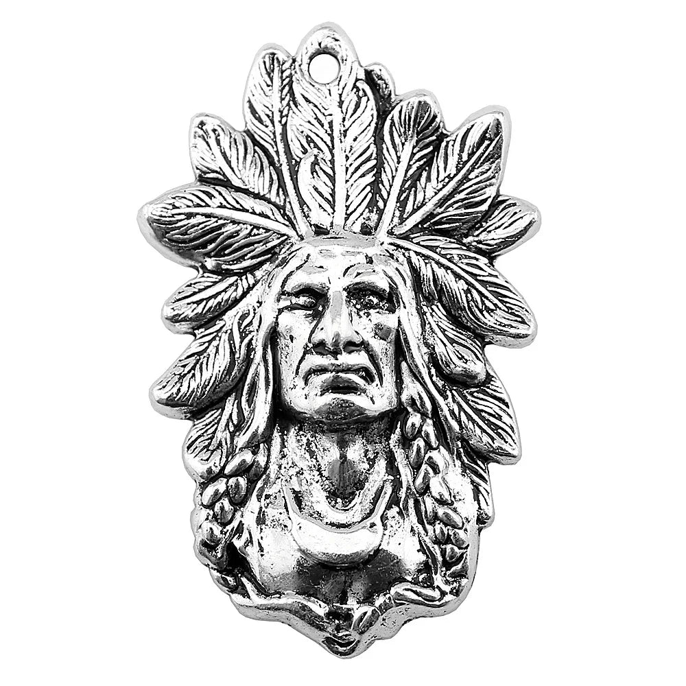 58x35mm 9g Antique Silver Zinc Alloy Indian Chief Charm Pendant for DIY Tribal Style Jewelry