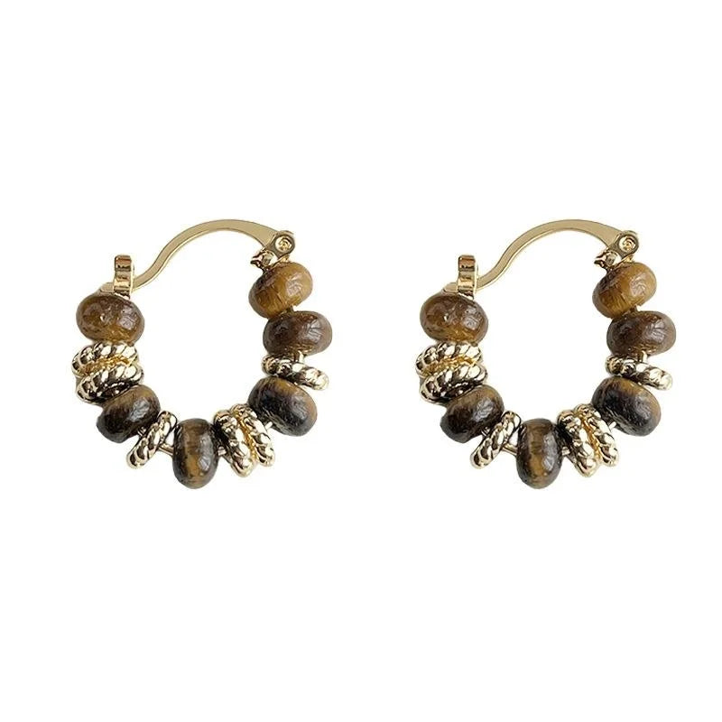 14K Plated Copper Tiger Eye Round Geometric French Vintage Maillard Drop Earrings