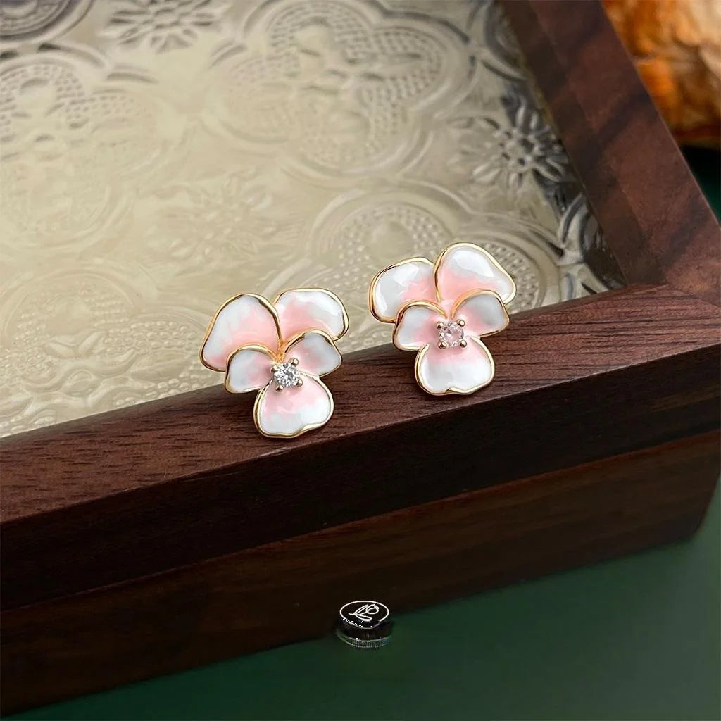 Sweet Gradient Enamel Copper Peach Blossom Iris Flower Stud Earrings, Cute Elegant Floral Jewelry