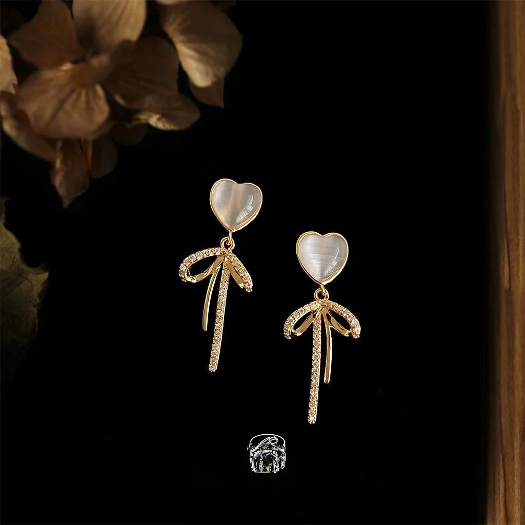 14K Plated Copper Bow Heart Drop Earrings With Glass Cat Eye Stone And Micro Pave Zircon For Women