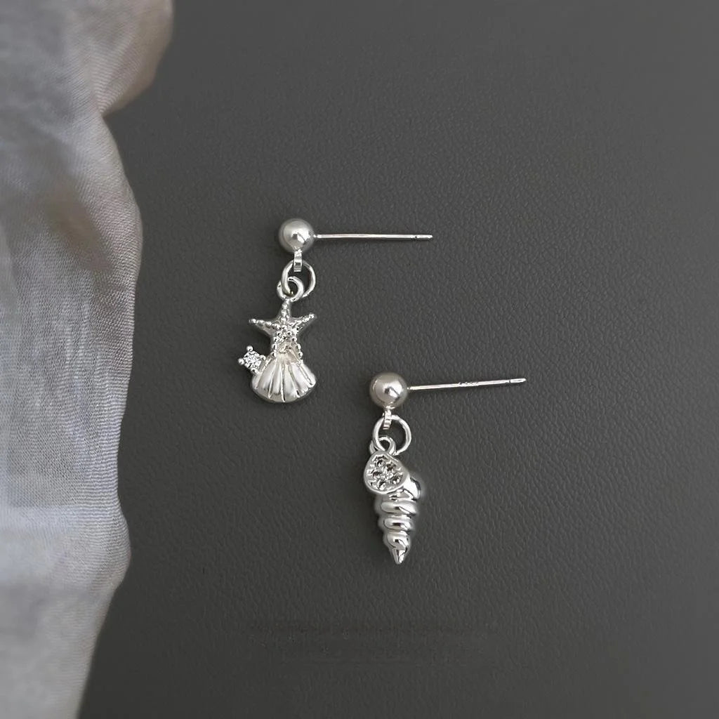 Cute Fresh Copper Asymmetric Seashell Starfish Drop Earrings For Women