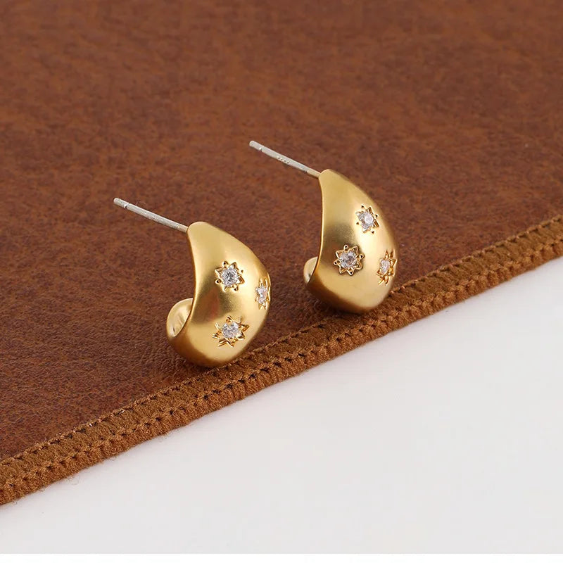 Elegant Matte Gold Alloy Waterdrop Bean Spiral Star Zircon Stud & Clip On No Piercing Earrings