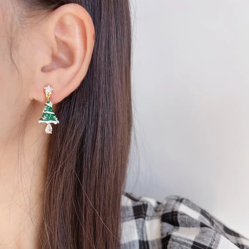Elegant Green Enamel Christmas Tree Zircon Dangle Stud & Clip On No Piercing Holiday Earrings