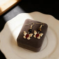Vintage Hong Kong Style Burgundy Enamel Butterfly Tiger Eye Stone Drop Earrings for Women