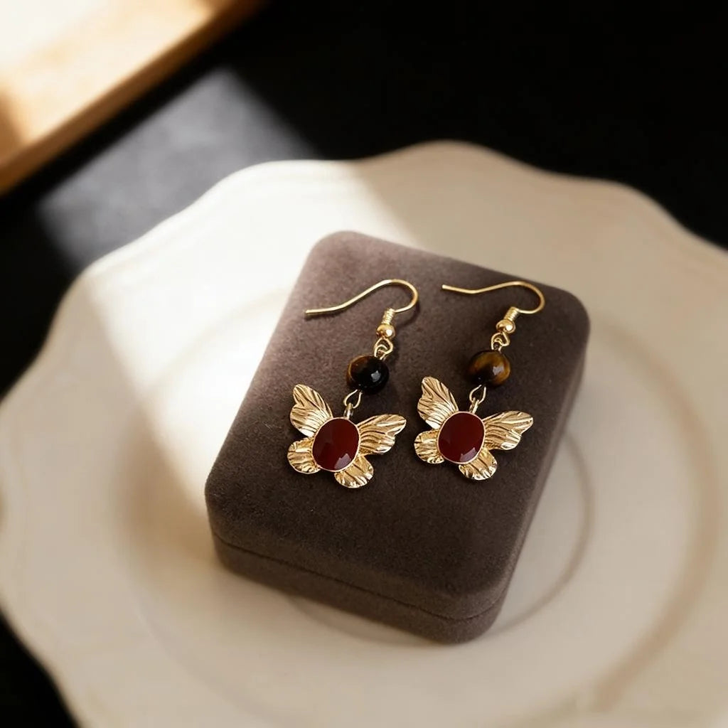 Vintage Hong Kong Style Burgundy Enamel Butterfly Tiger Eye Stone Drop Earrings for Women