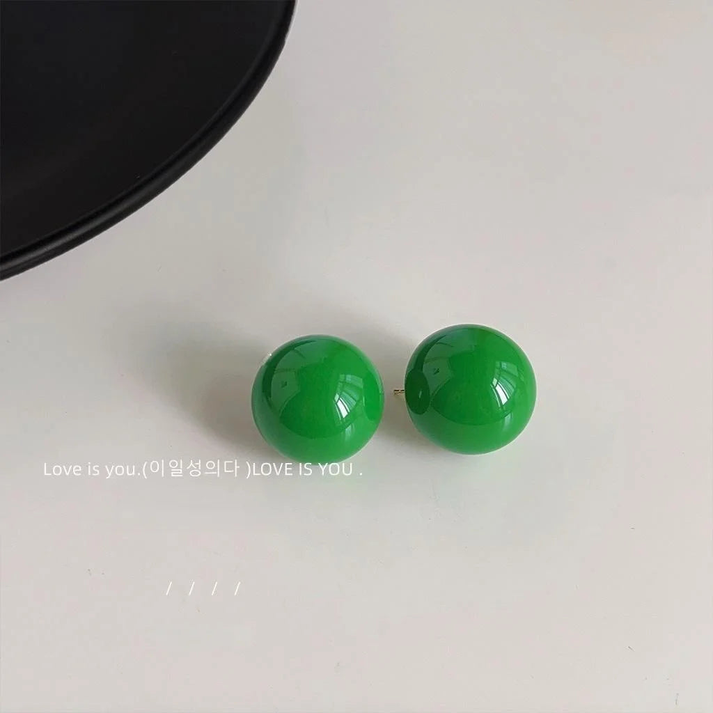 Premium Minimalist Green Acrylic Round Bean Stud Earrings With Silver Plated Pins