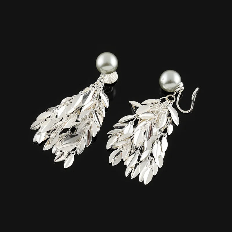 Elegant Silver Alloy Wheat Leaf Tassel Gray Pearl Stud & Clip On No Piercing Face Slimming Earrings