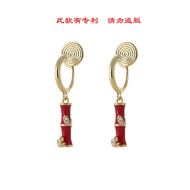 Elegant Red Enamel Bamboo Dangle Stud & Clip On No Piercing Alloy Zircon Oriental Earrings