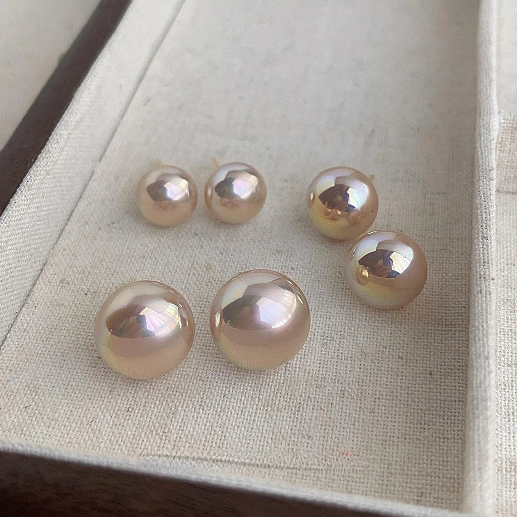 Elegant High Gloss Mabe Pearl Stud Earrings Geometric Bread Shape Pink Luster Jewelry