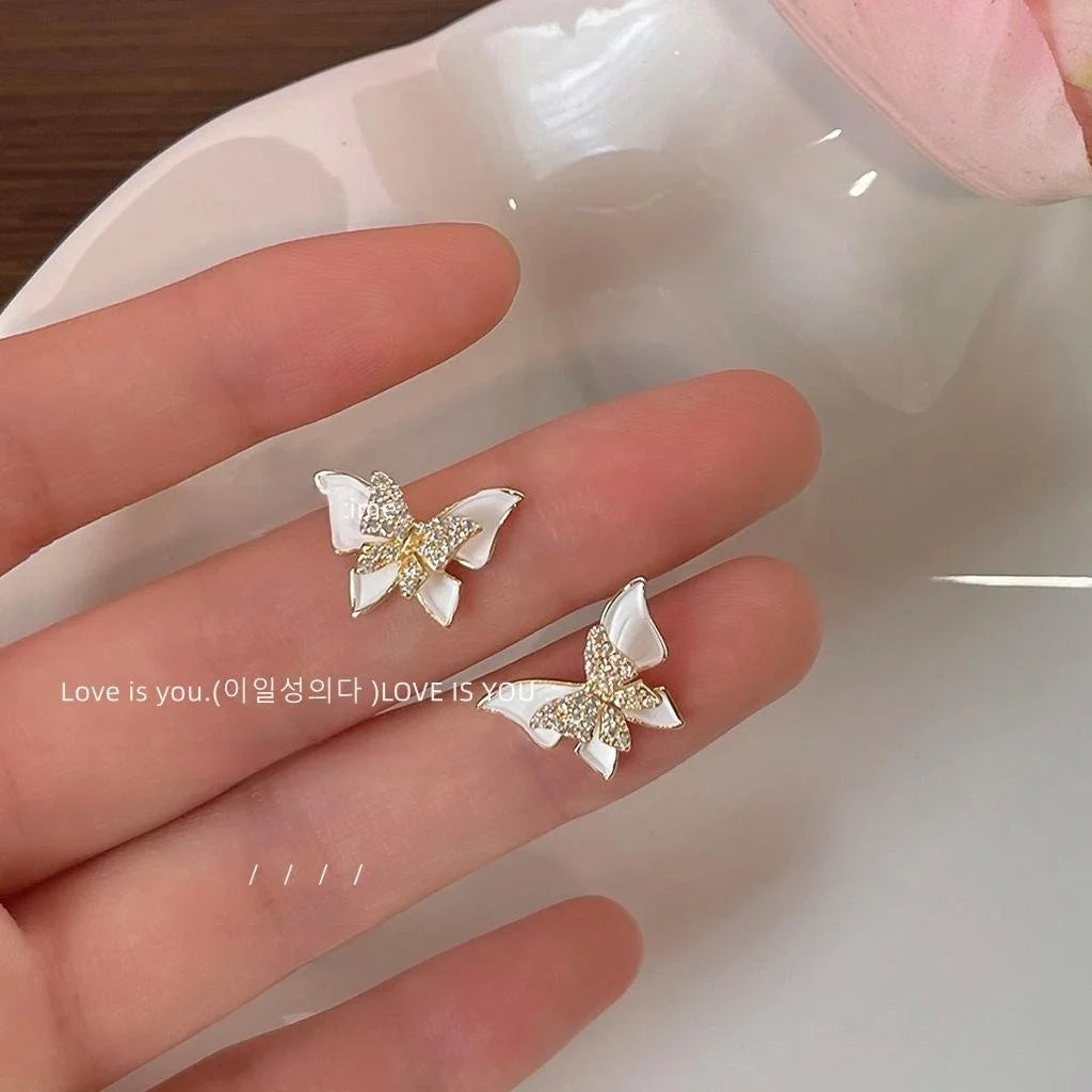 14K Gold Plated Copper Butterfly Stud Earrings With Micro Pave Zircon Forest Fairy Style