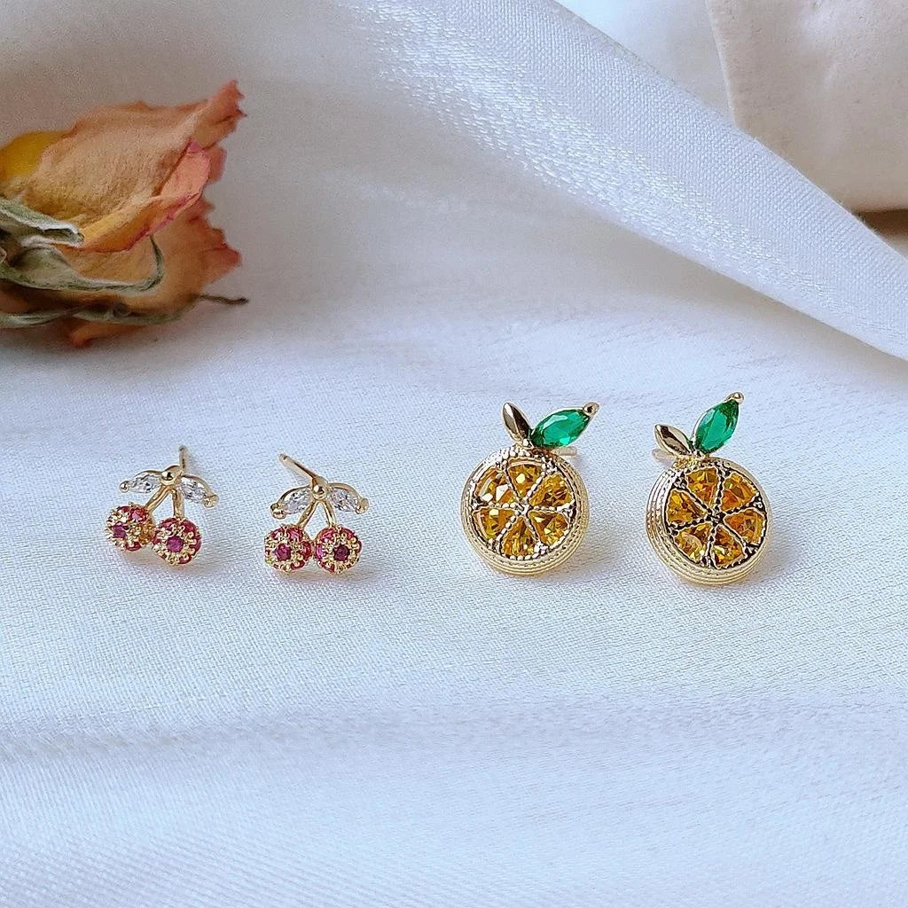 14K Silver Plated Zircon Cherry Fruit Stud Earrings For Women Simple Mini Micro Pave Jewelry