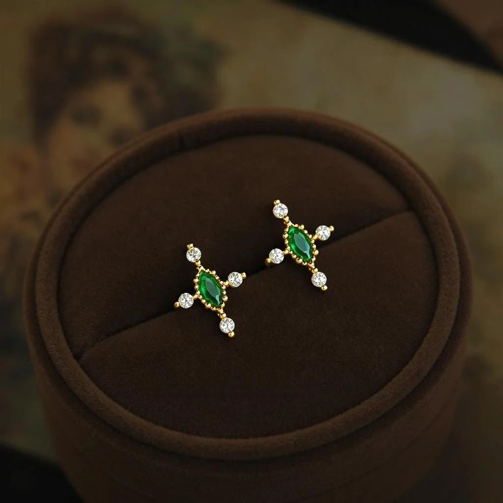 Versatile Copper Zircon Cross Star Stud Earrings Olive Green Micro Pave Geometric Jewelry