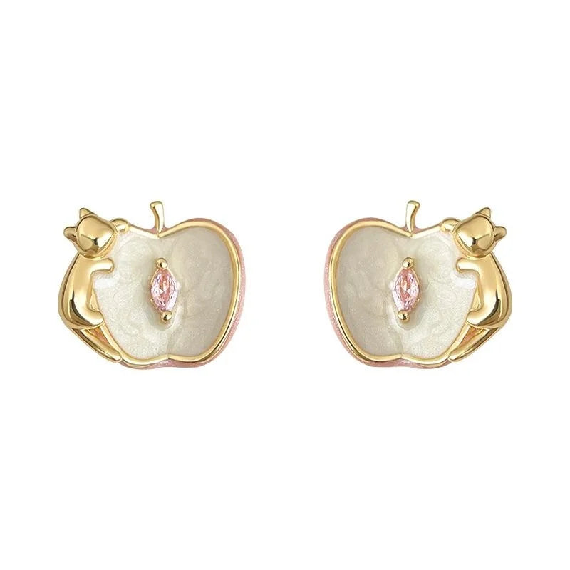 Designer Apple Cat Enamel Copper Zircon Stud Earrings Silver Plated Luxury Women's Jewelry