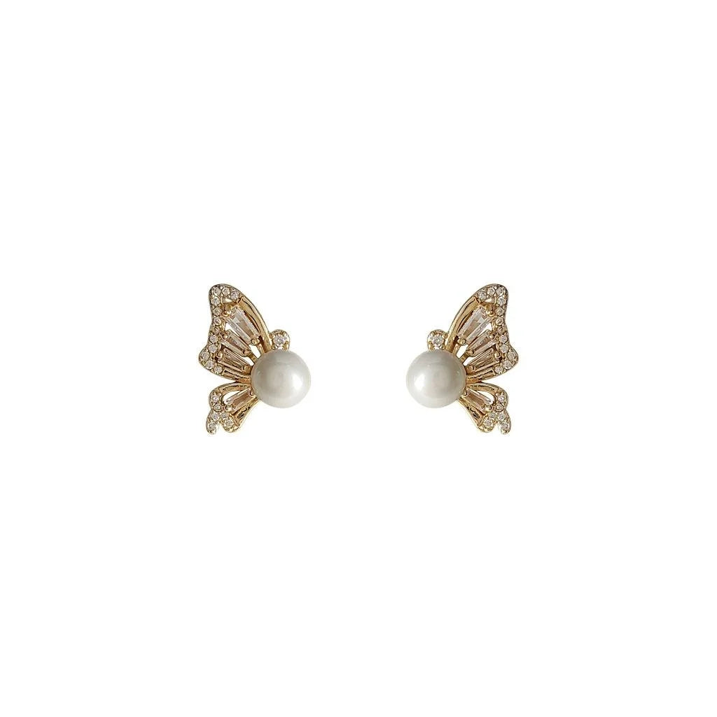 French Vintage Copper Freshwater Pearl Micro Pave Zircon Butterfly Stud Earrings