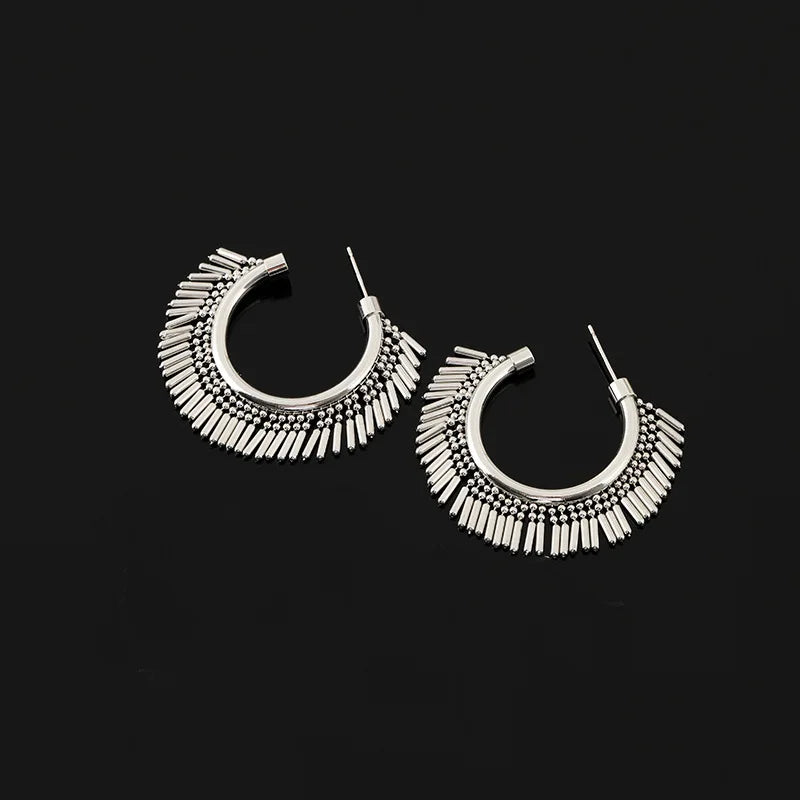 Vintage Alloy Round Hoop Tassel Stud & Clip On No Piercing Statement Fringe Vacation Earrings