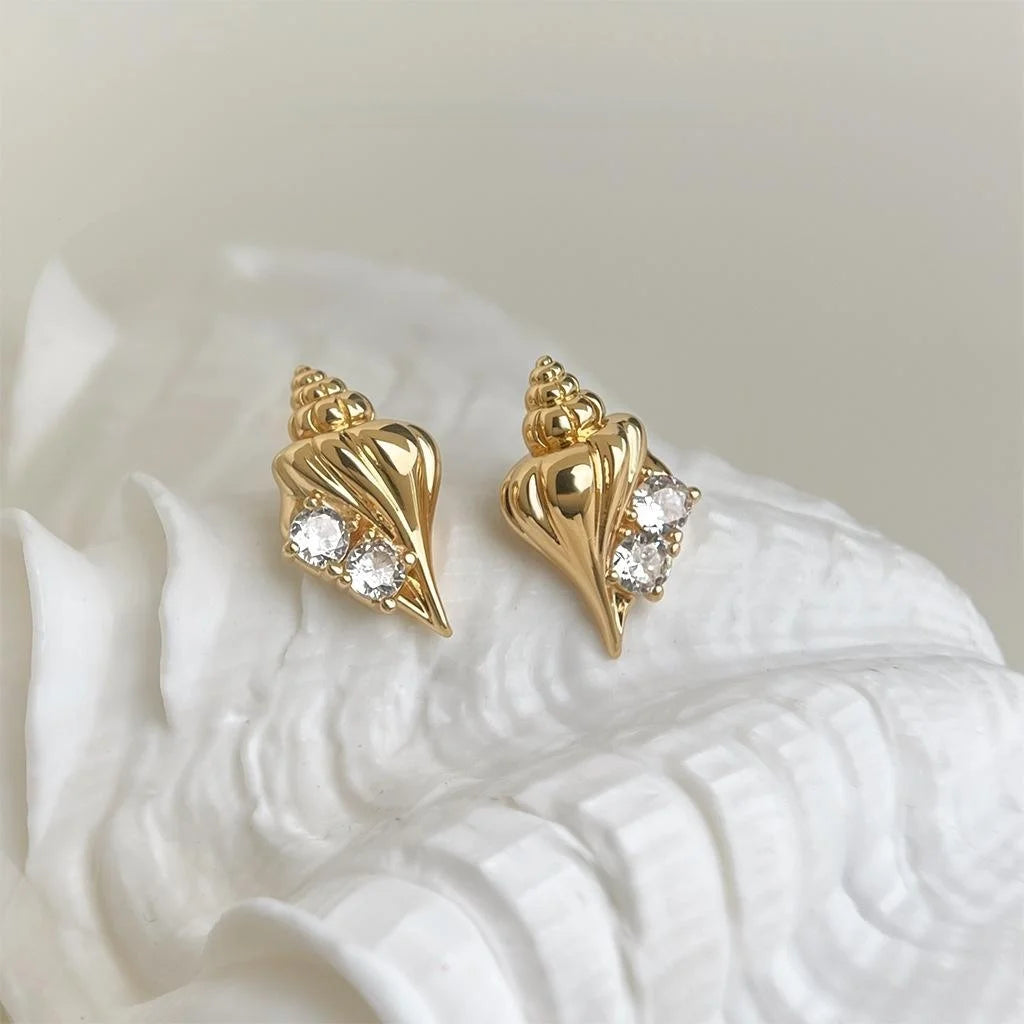 14K Plated Copper Conch Shell Stud Earrings Micro Pave Zircon Ocean Summer Jewelry