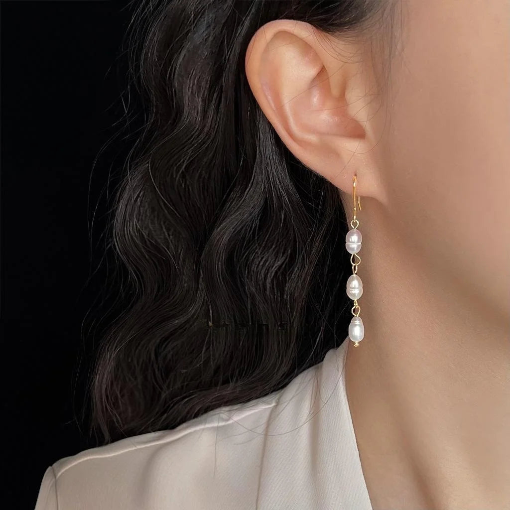Natural Freshwater Pearl Long Tassel Drop Earrings Handmade Geometric Oval Light Luxury Jewelry