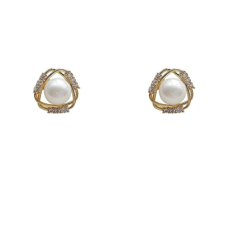 14K Gold Plated Copper Rotating Geometric Micro Pave Zircon Stud Earrings With Silver Plated Pins