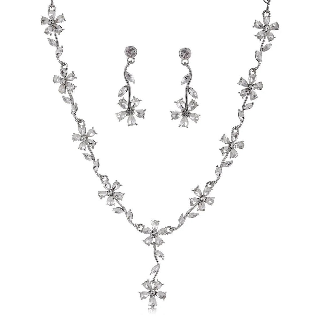 Luxury Floral Zircon Jewelry Set Elegant Silver Tone Necklace Earrings For Wedding Party Banquet Gift