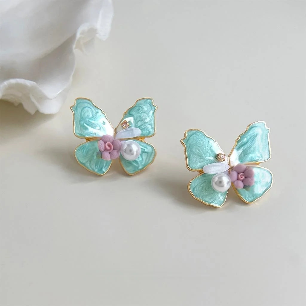 French Romantic Enamel Butterfly Stud Earrings Resin Ceramic Pearl Sweet Oil Painting Statement Jewelry
