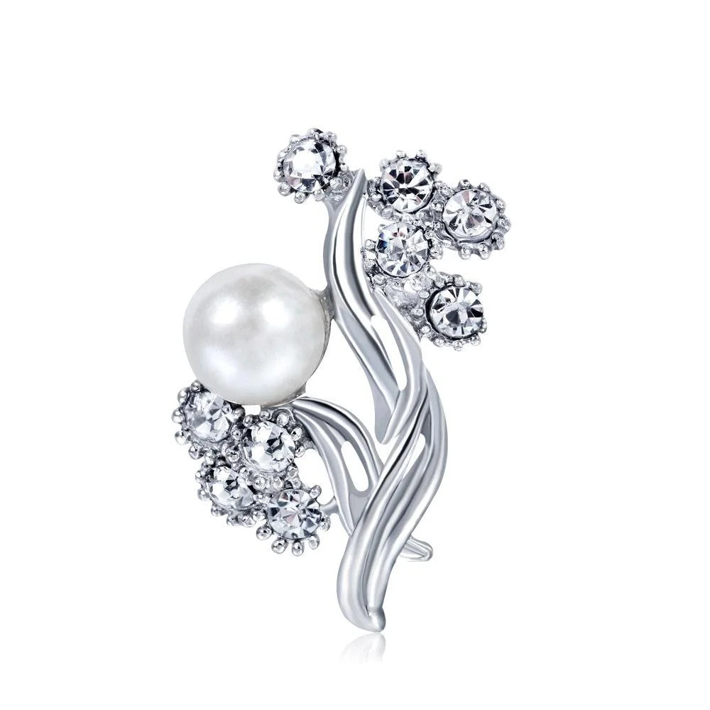 Elegant Pearl And Rhinestone Leaf Flower Alloy Brooch For Women, Luxury Lapel Pin Corsage Suit Accessory