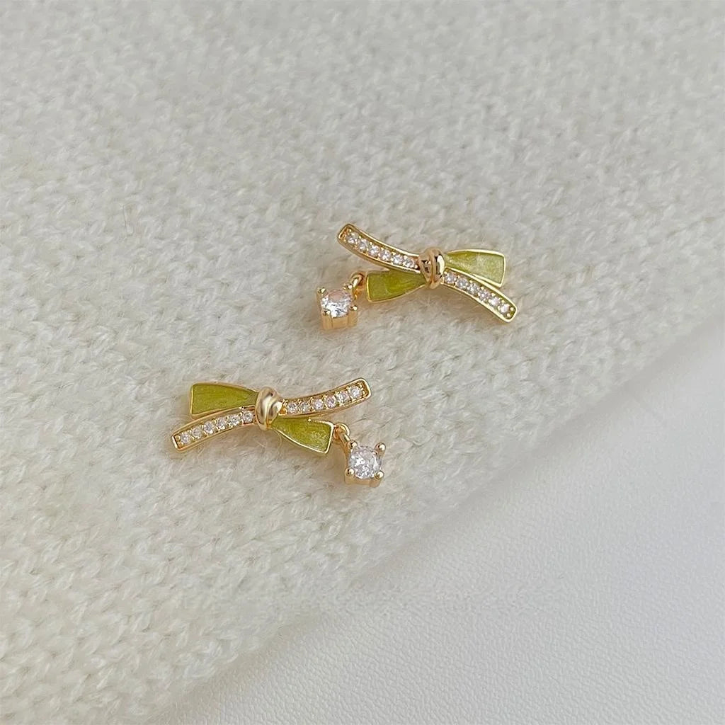 Copper 14K Plated Enamel Bow Stud Earrings With Zircon Micro Pave Sweet Girl Style