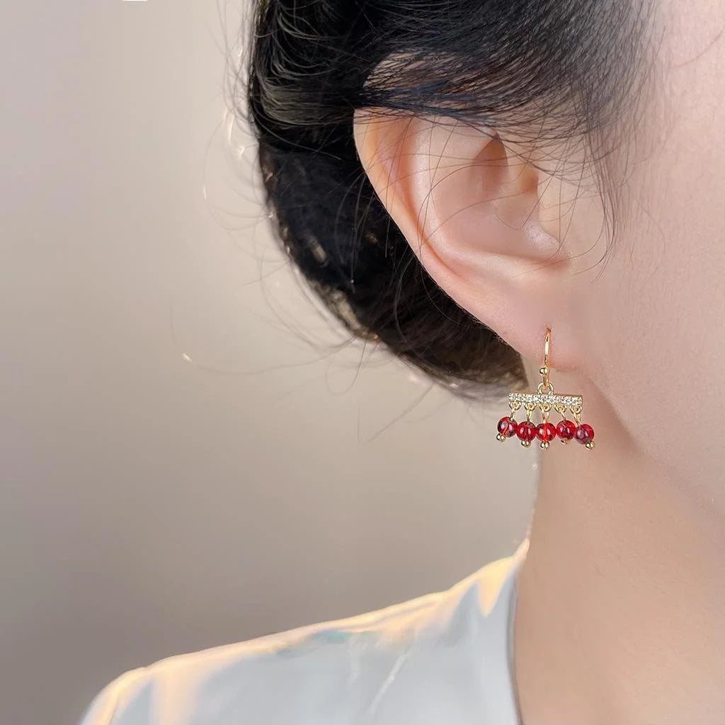 Vintage Ethnic Tassel Drop Earrings With Micro Pave Zircon And Liuli Glass Charms