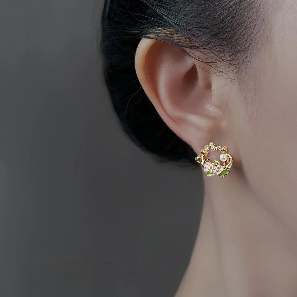 14K Plated Copper Enamel Rose Flower Stud Earrings With Zircon Pearl Chic Floral Jewelry