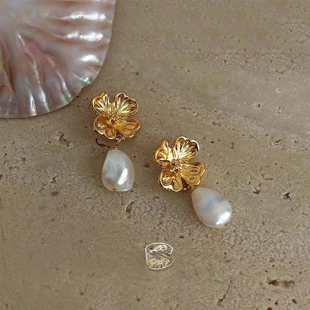 14K Gold Plated Copper Irregular Baroque Freshwater Pearl Flower Drop Earrings