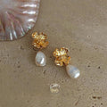 14K Gold Plated Copper Irregular Baroque Freshwater Pearl Flower Drop Earrings