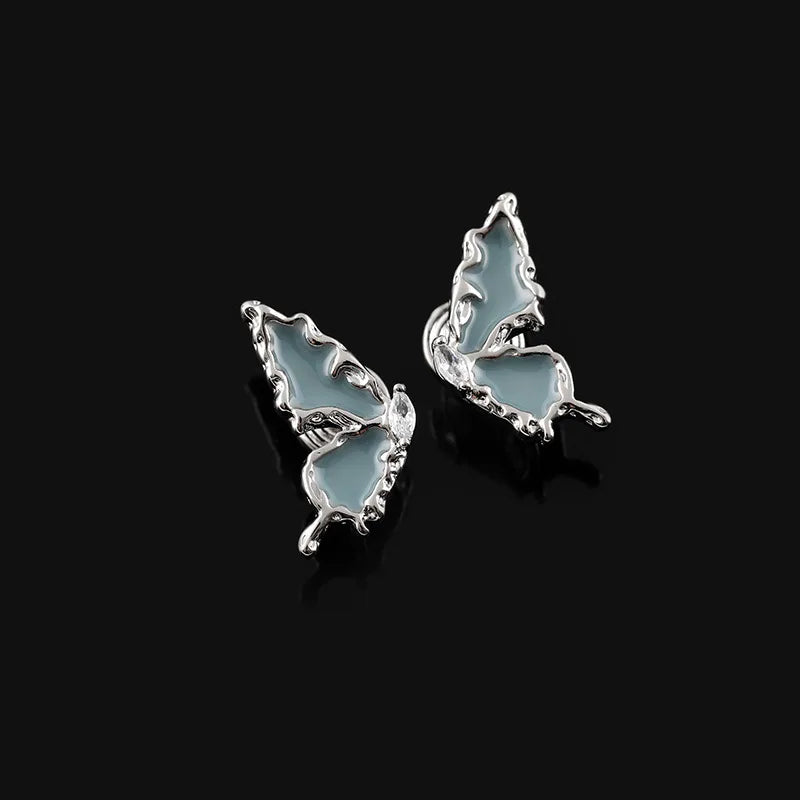 Elegant Blue Enamel Zircon Butterfly Wing Stud & Clip On No Piercing Women's Fashion Party Earrings