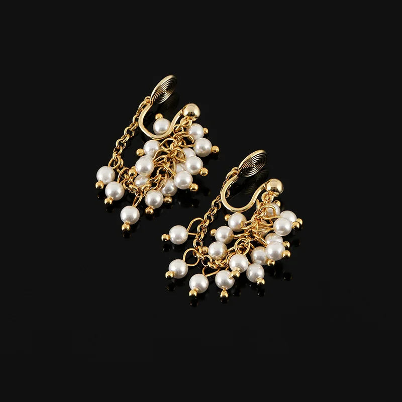 Elegant Handmade Faux Pearl Grape Cluster Tassel Gold Alloy Chain Stud & Clip On No Piercing Earrings
